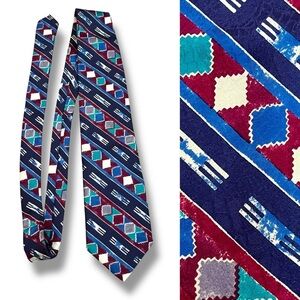 Vintage 80s Silk Neck Tie Hand Made in Italy Colorful Geometric Southwestern